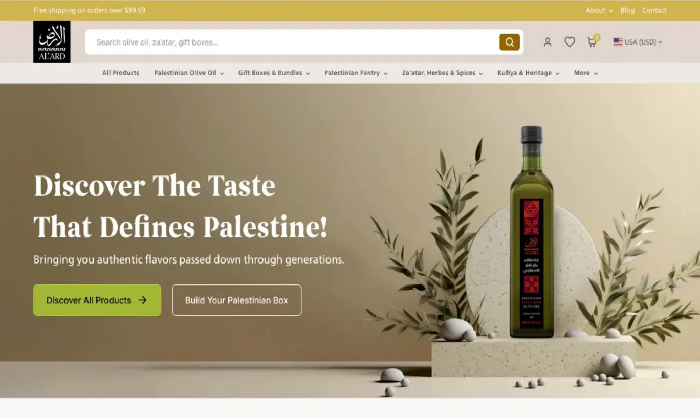 The redesigned AL'ARD homepage for Palestinian olive oil and heritage goods.