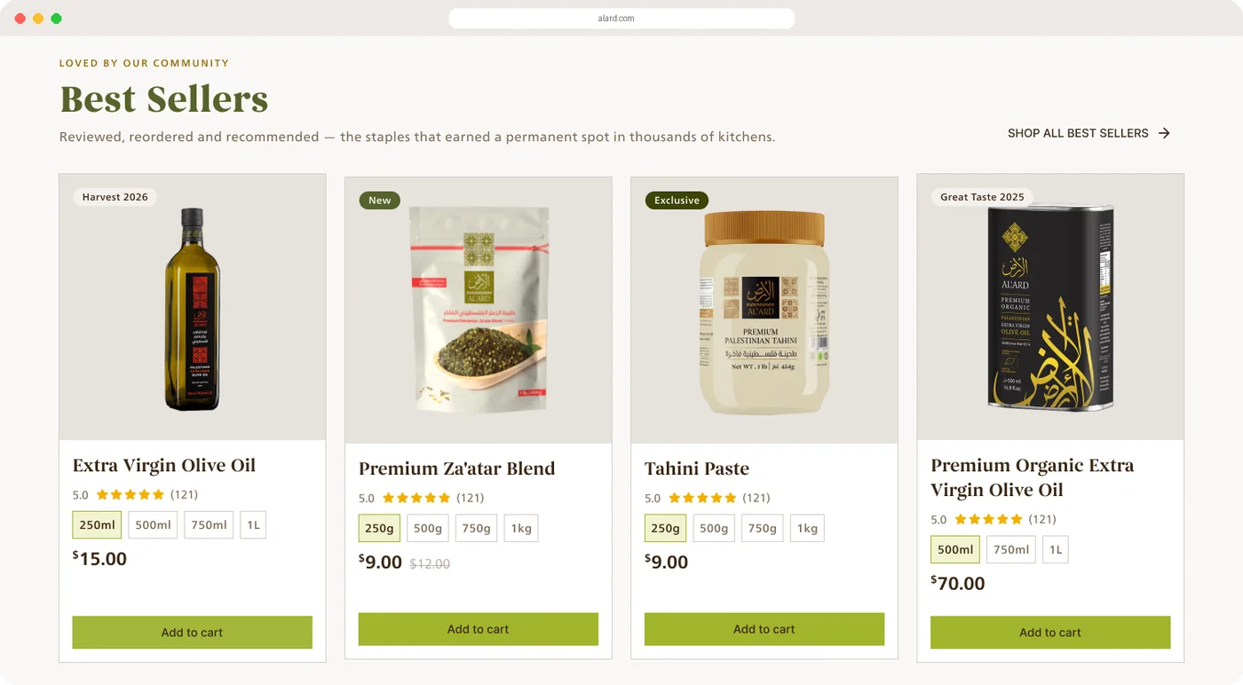 Best Sellers row with olive oil, za'atar and tahini, each with size options and add to cart.