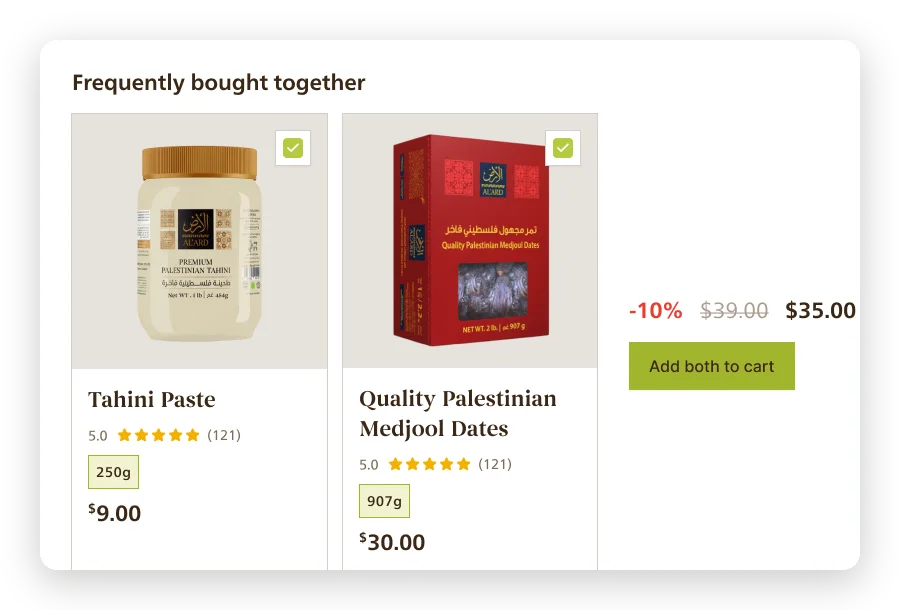 Frequently bought together: tahini paste and Medjool dates with a 10% bundle discount.