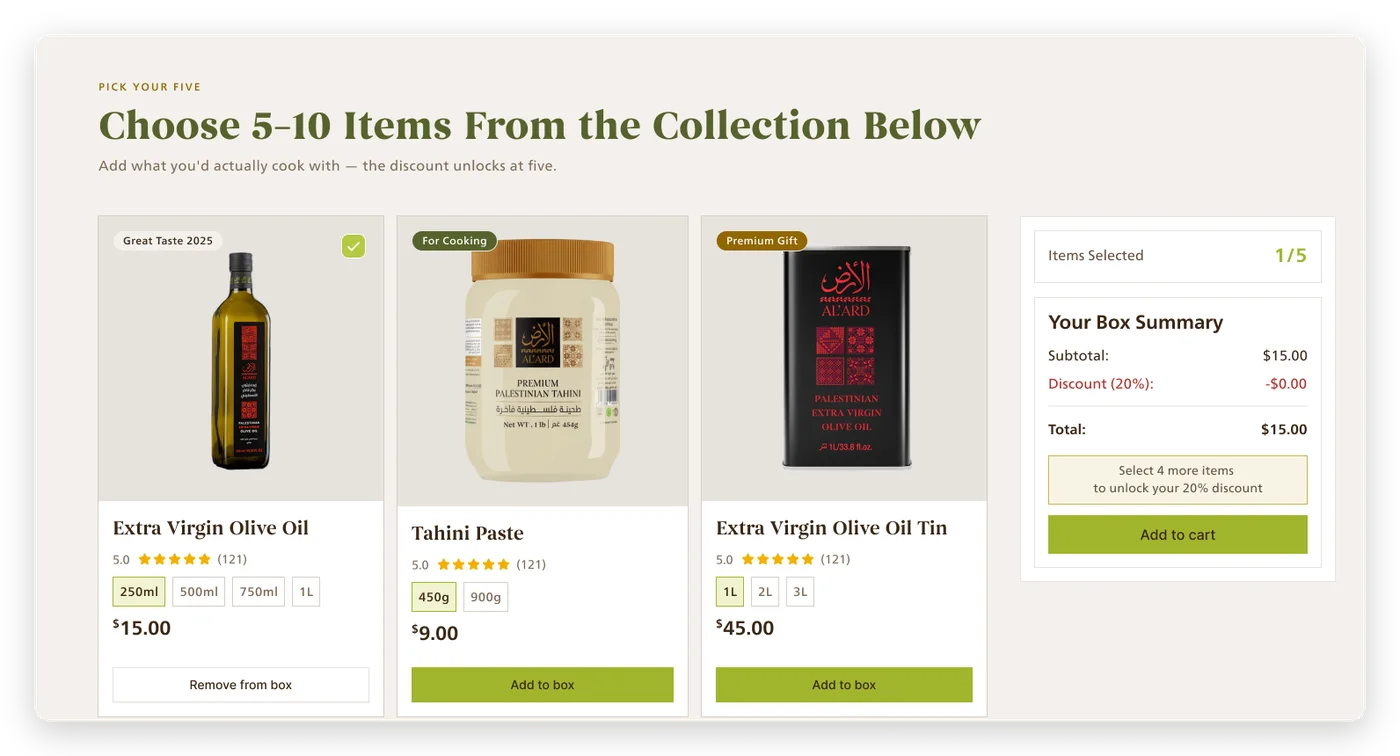 Build Your Own Box: choose five to ten items, with a box summary that unlocks a discount at five.