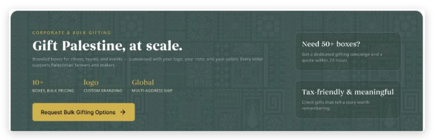 Corporate and bulk gifting banner: Gift Palestine, at scale.