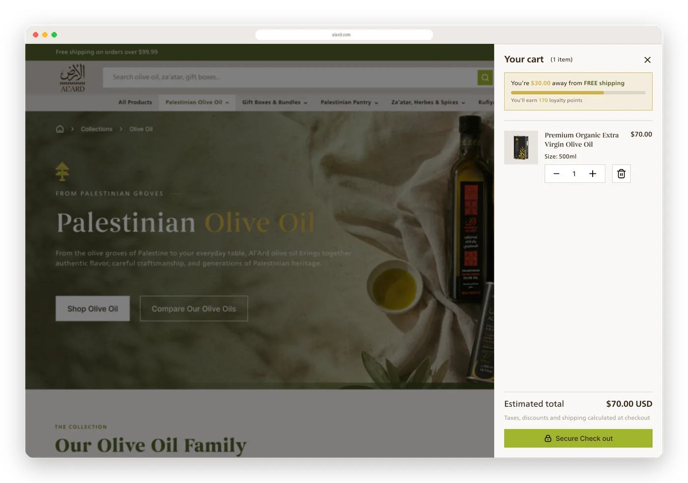 Cart drawer showing a free-shipping progress bar and loyalty points.
