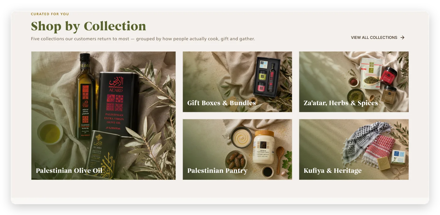 Shop by Collection grid: olive oil, gift boxes, za'atar and spices, pantry, kufiya and heritage.