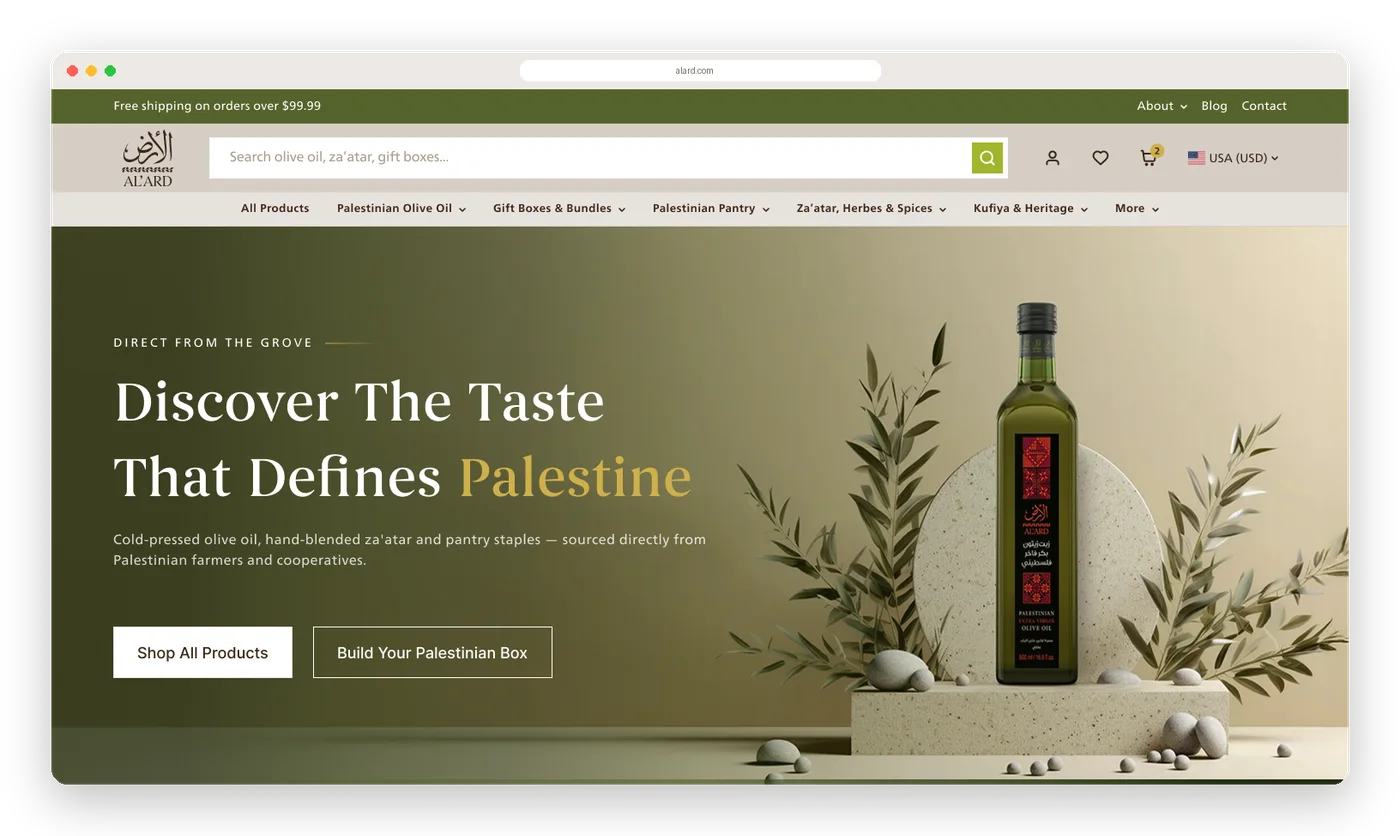 The redesigned AL'ARD homepage: a sticky header with search and categories above a hero for Palestinian olive oil.