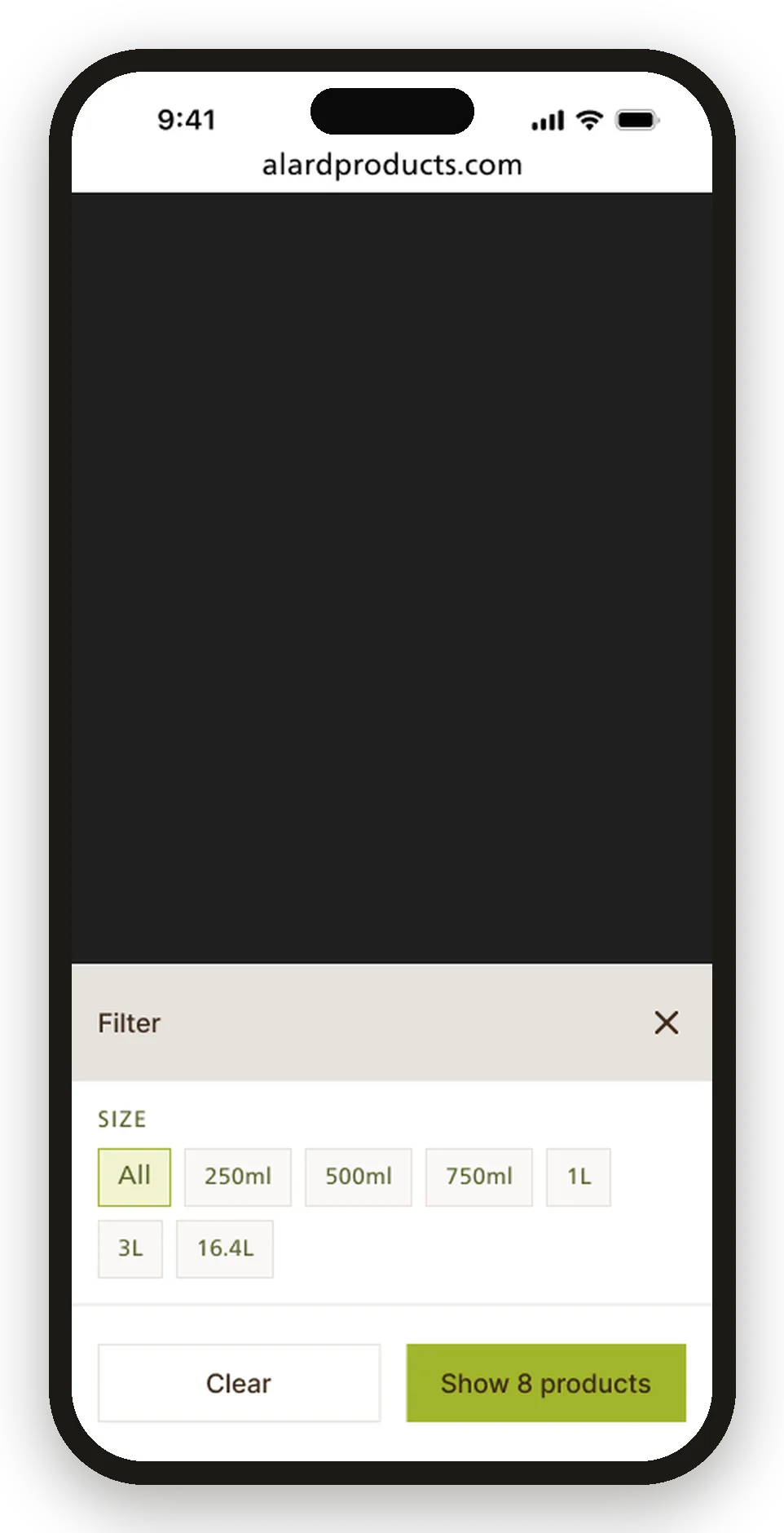 Mobile filters presented as a bottom sheet.