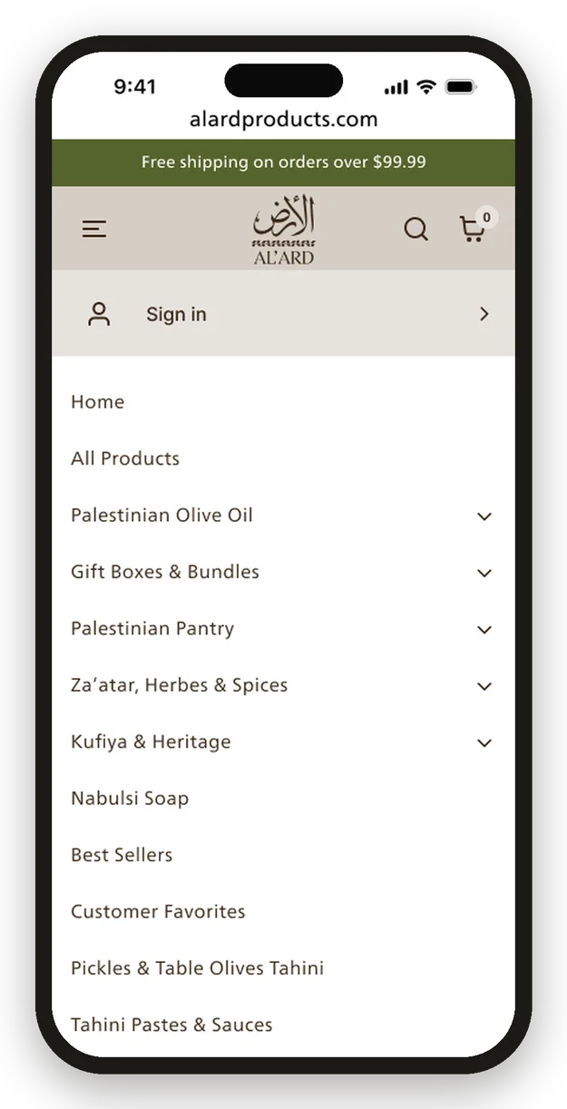 Mobile drill-down navigation menu.