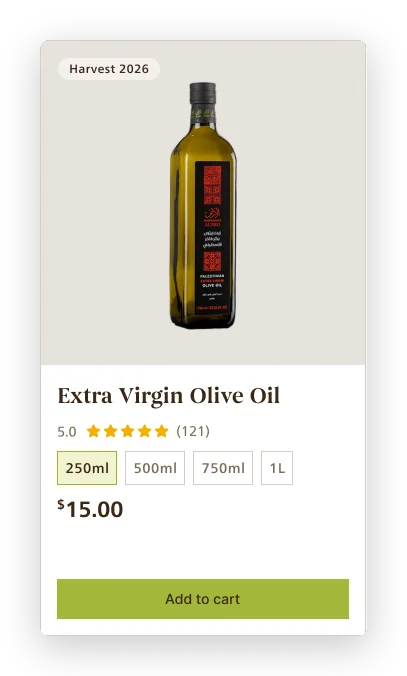 Product card component with a Harvest 2026 tag, size chips, price and add to cart button.