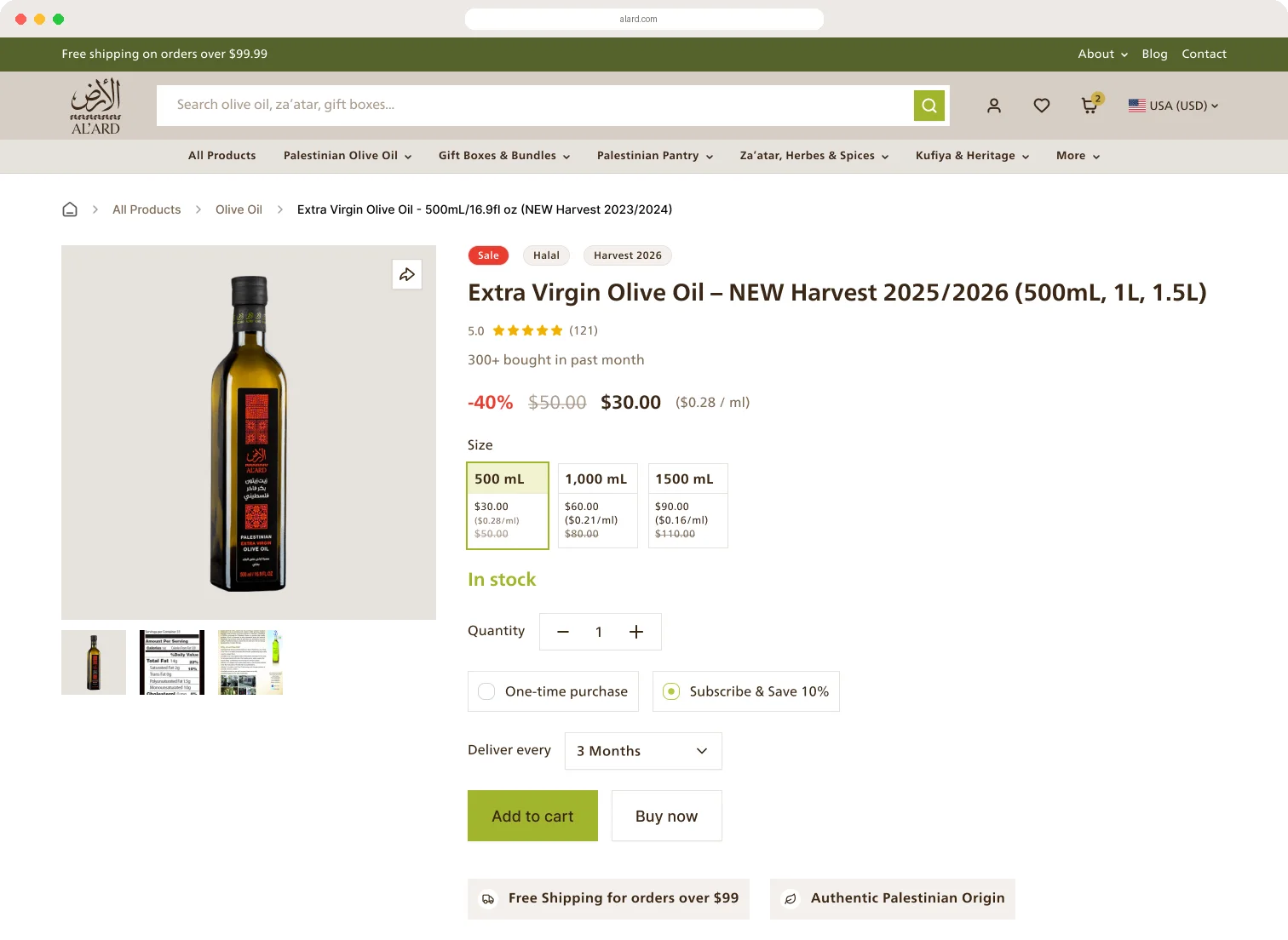 Olive oil product page with gallery, Halal and Harvest tags, rating, per-ml pricing, size cards, subscribe and save, and trust badges — all above the fold.