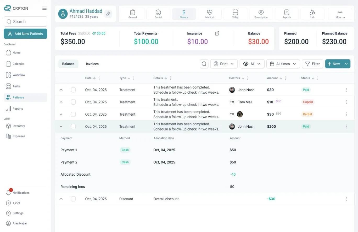 Crpton web app: a patient's finance tab showing total fees, payments, insurance and balance.