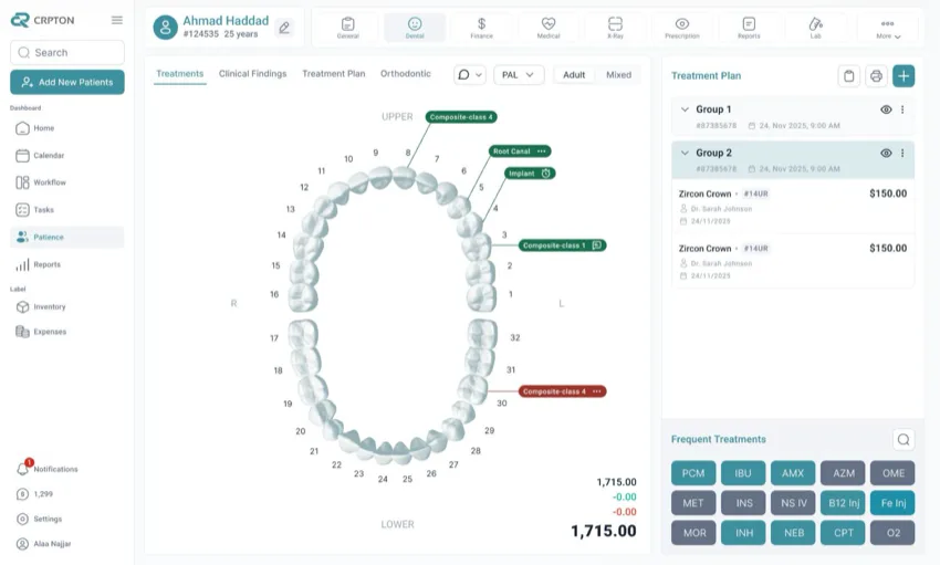 Crpton dental tab: an interactive tooth chart with tagged procedures beside a treatment plan and frequent treatments.