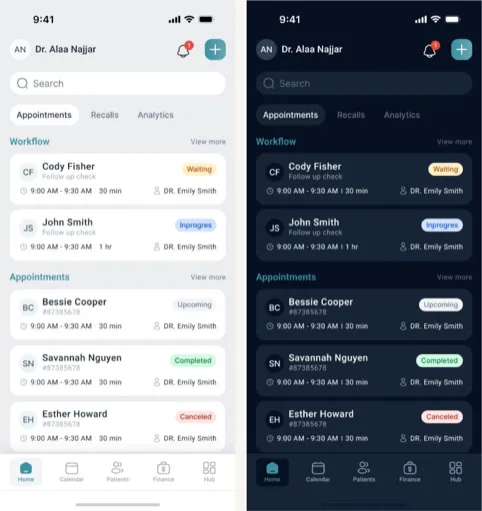 Crpton companion mobile app home screen in light and dark themes, showing workflow and appointments.