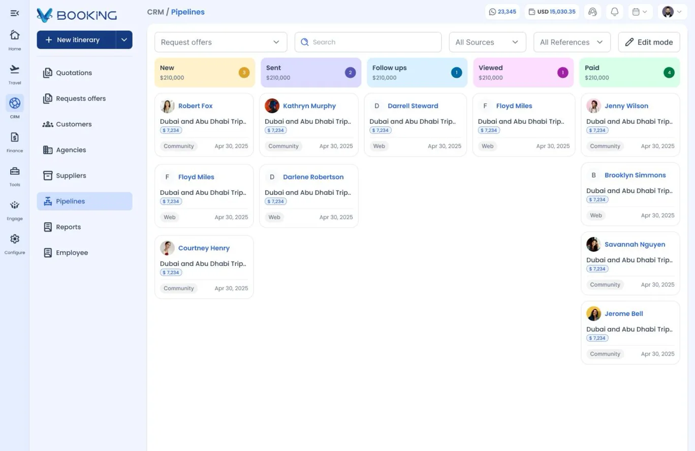 VBooking Turbo Suite CRM pipeline: a Kanban board of leads moving through New, Sent, Follow ups, Viewed and Paid.