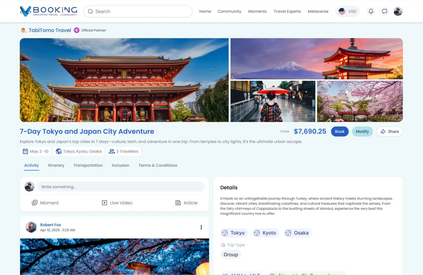 VBooking Community trip page for a 7-day Tokyo and Japan city adventure, with photo gallery, price and booking actions.