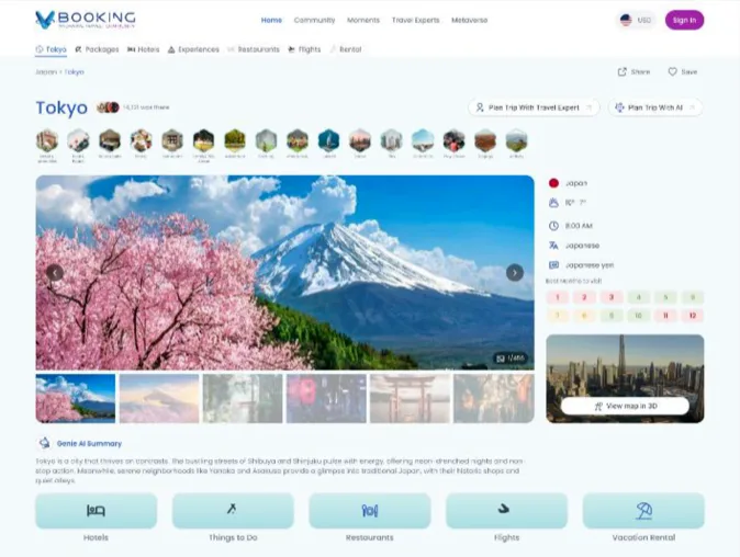 VBooking destination hub for Tokyo with gallery, local facts, AI summary and shortcuts to hotels, things to do, restaurants, flights and rentals.