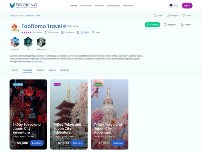 VBooking travel expert profile for TabiTomo Travel showing ratings, followers and package listings.