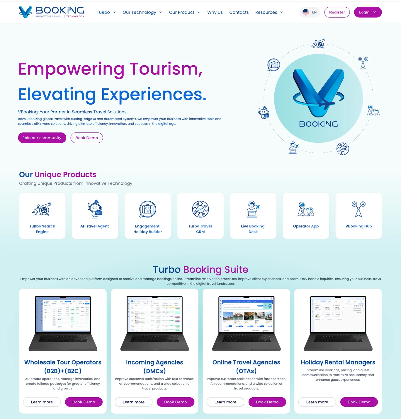 VBooking homepage: hero, a row of product tiles, and Turbo Booking Suite cards for wholesale tour operators, incoming agencies, online travel agencies and holiday rental managers.