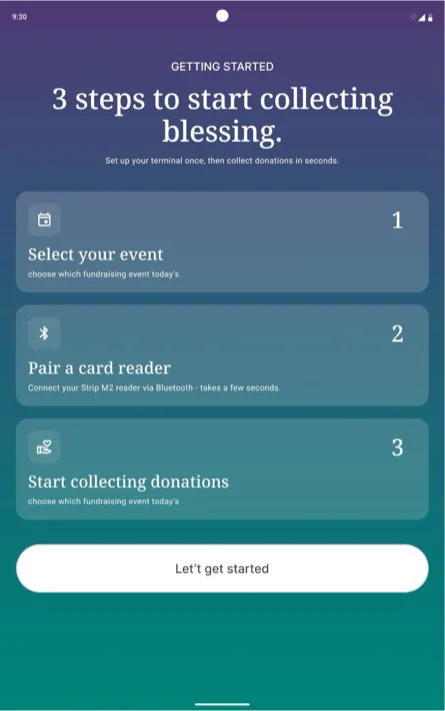 ZenRaise onboarding: select your event, pair a card reader, start collecting donations.