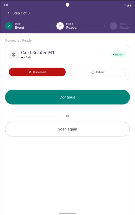 ZenRaise setup step 2: a connected Bluetooth card reader marked ready, with continue and scan again actions.