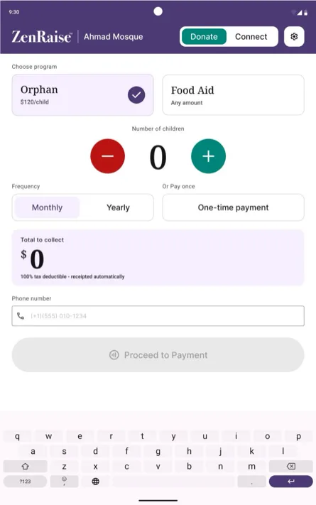 ZenRaise donation screen: choose a program, pick monthly, yearly or one-time, and enter a phone number.