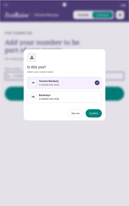 ZenRaise “Is this you?” dialog recognizing a returning donor by phone number.